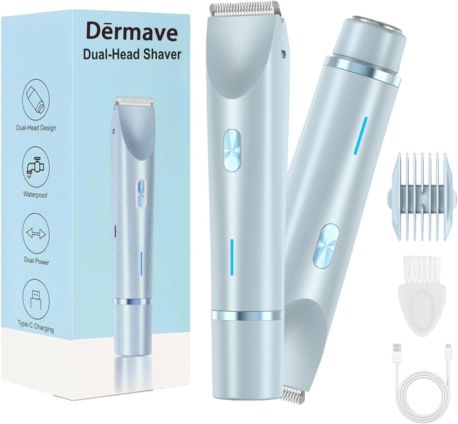 Bikini Shaver – Trimmer 2.0 for Women, 2 in 1 Electric Dual Head Razors, Ipx7 Waterproof, USB Charging, Painless Hair Removal for Private Area/Facial/Pubic/Hair Body (Blue)