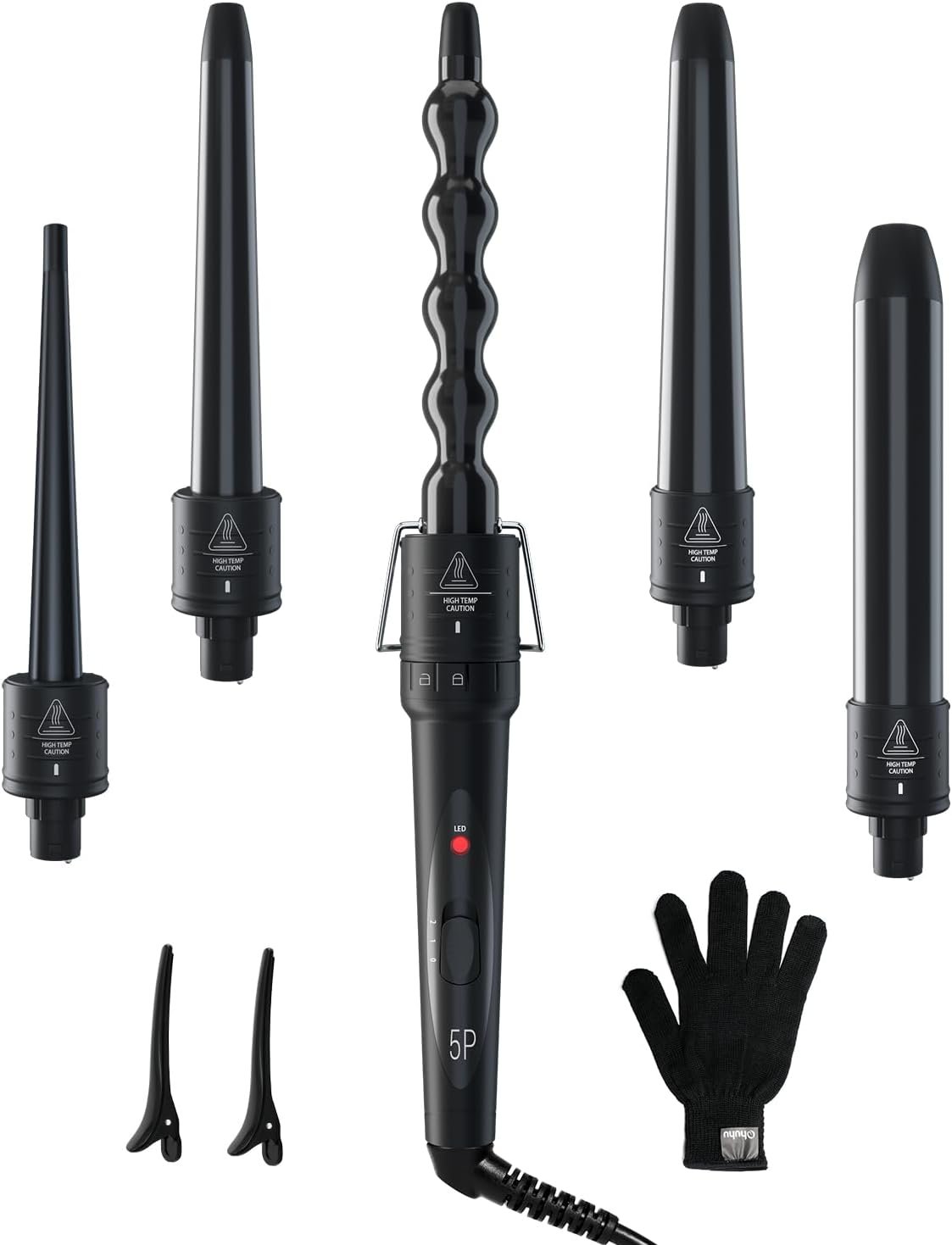 5 in 1 Curling Wand Set: Ohuhu Curling Iron Wand 5Pcs 0.35 to 1.25 Inch Interchangeable Ceramic Barrel Heat Protective Glove 2 Clips Dual Voltage Hair Curler for Girl Women Mother’s Day Gift Black