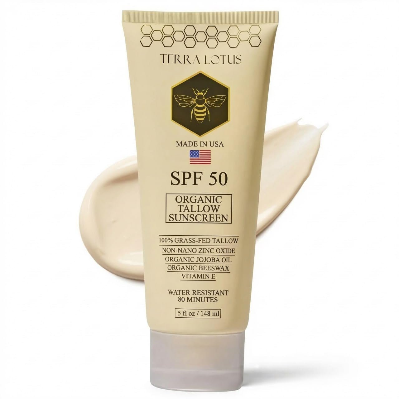 Organic Tallow Sunscreen – 50 SPF – For Face and Body – With 100% Grass-Fed Tallow and Non-Nano Zinc Oxide Reef Safe – (5 Oz)