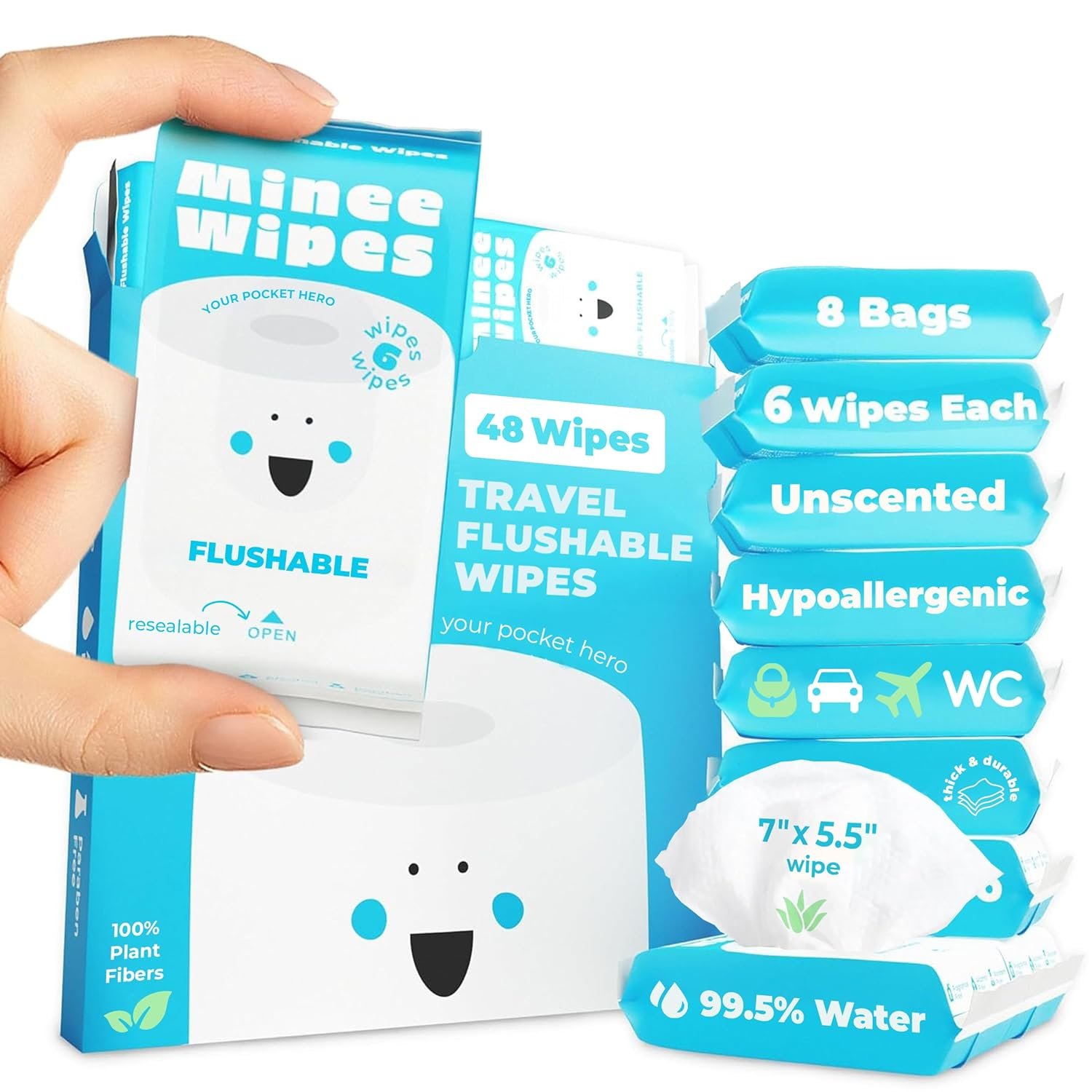 Impossibly Compact Travel Flushable Wipes – 99.5% Water and Aloe – Safe for Sensitive Skin, Hypoallergenic & Unscented – Travel Essentials for Adults, Kids & Baby Care – 8 Pack Total 48 Wipes
