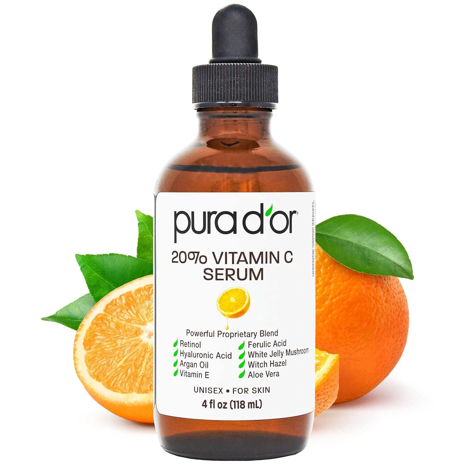 PURA D’OR 20% Vitamin C Facial Serum 4 Oz Antioxidant Blend w/Retinol, Hyaluronic Acid, Vitamin E, Ferulic Acid – Hydrating Lightweight Skincare Formula – Men Women Daily Use After Bath Oil Skin Care