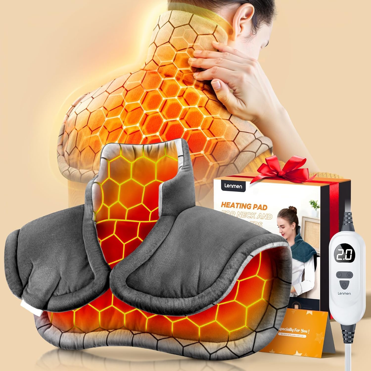 Graphene-Infused 1Min Fast Heating Pad, Deeper Relief Weighted Heating Pads for Neck and Shoulders and Back, Heated Wrap with 6 Heat Options 4 Auto Timer, Gifts for Men Women Mom Christmas