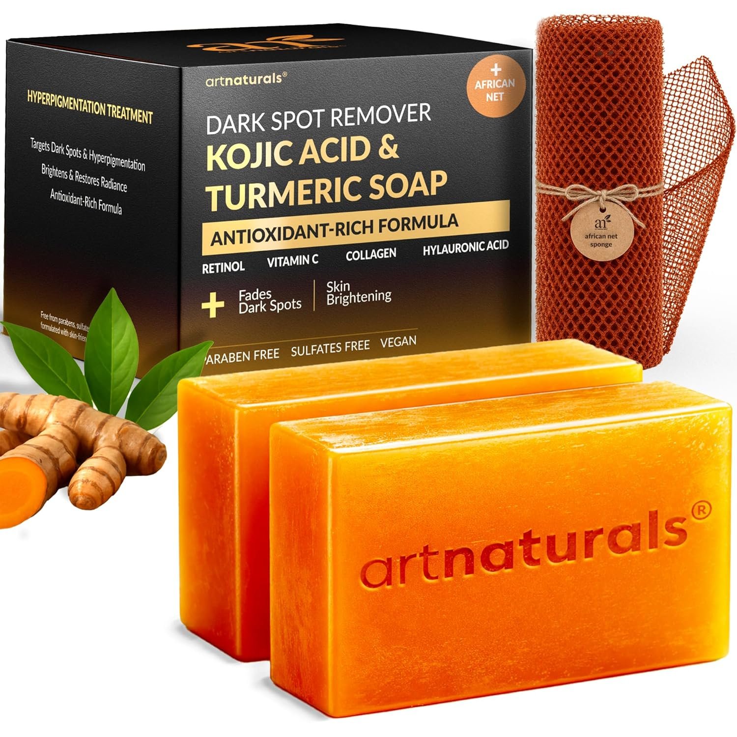 artnaturals Kojic Acid, Turmeric Dark Spot Remover Soap Bars with Vitamin C, Retinol, Collagen & Shea Butter – Original Japanese Complex Infused with Hyaluronic Acid – Includes African Net Sponge, 2 Pack