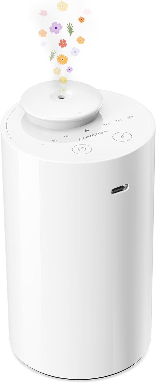 Airversa Waterless Diffuser for Essential Oil, Car Diffsuer, Battery Operated Nebulizer, 0.7 Fl Oz/ 20mL, Mini Scent Air Machine, 3 Timers & 3 Mist Levels for Home, Room, Car, Office – AN6 White
