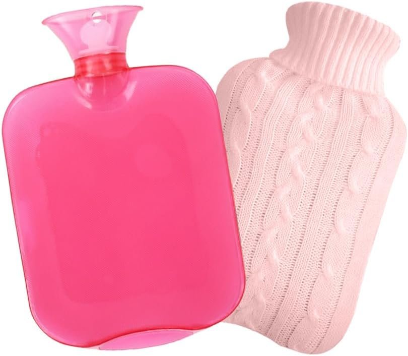 Hot Water Bottle with Knitted Cover,2L Hot Water Bag,Hand Warmer Bag,Hot and Cold Therapies for Sore Muscles,Menstrual Cramps,Neck and Shoulder Pain Relief,Great for Women,Childs (Pink)