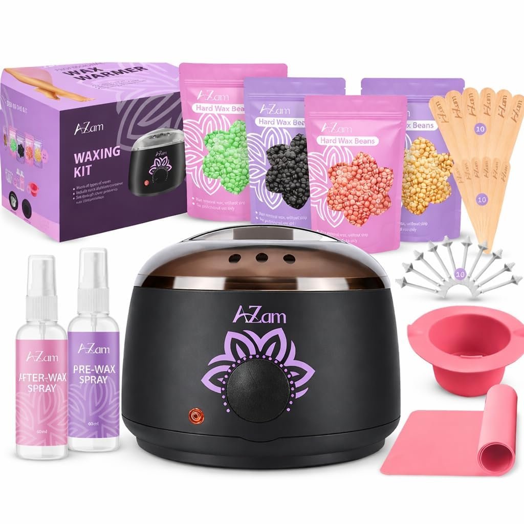 AZAM All-in-one At Home Waxing Kit for Hair removal,Wax pot Waxing Professiona+4 Pack Hard Beads+Silicone Bowl 2 Treatment Oils Wax Kit Accessories Warmer for Full Body