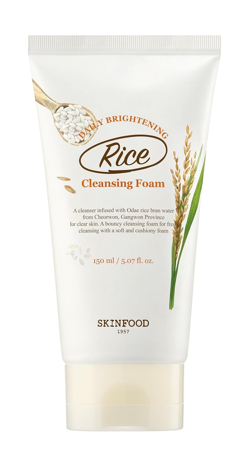 SKINFOOD Rice Daily Cleansing Foam 150ml – Delicate, Fine, and Smooth Brightening Cleansing with Fermented White Rice Ingredients – Firming Bubble Facial Foam Cleanser – For Men and Women (5.07 fl. oz.)