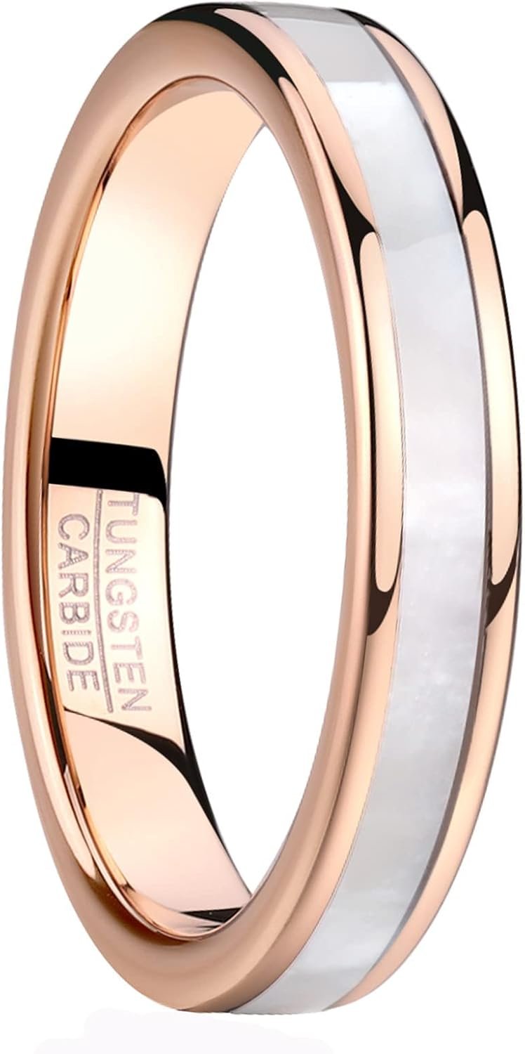 Vakki 4mm 6mm Womens Rose Gold Tungsten Carbide Ring with Mother of Pearl Shell/Marble Inlaid Wedding Band Comfort Fit Size 5-12