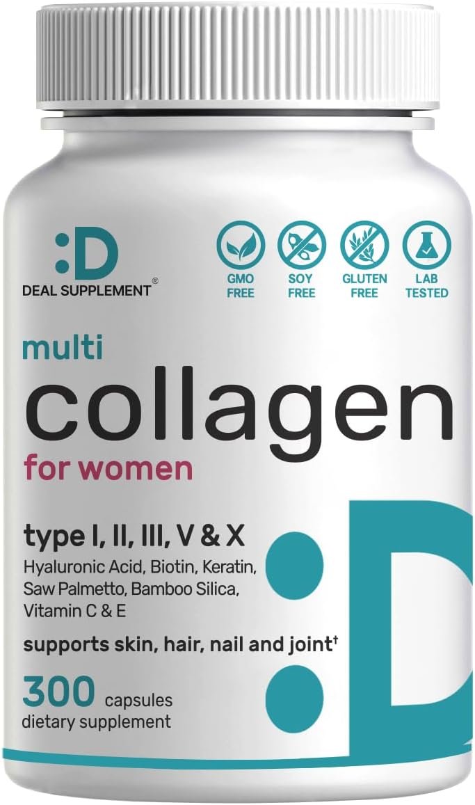Multi Collagen Pills for Women & Men with Vitamin C, E & Biotin, 300 Capsules – Type I, II, III, V, X Hydrolyzed Collagen Peptides – 11 in 1 Formula with Saw Palmetto, Bamboo Silica, & Hyaluronic Acid