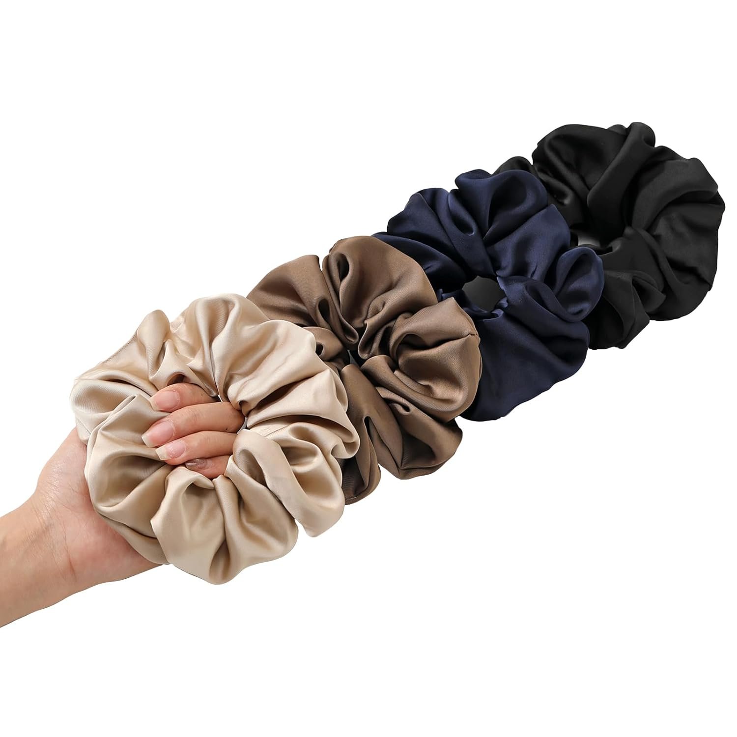 4PCS Large Satin Silk Scrunchies for Women – Big Glossy Scrunchie for Thick Hair Girl Hair Ties Ponytail Holders Jumbo Scrunchies (Black Navy-Blue Brown Champagne)