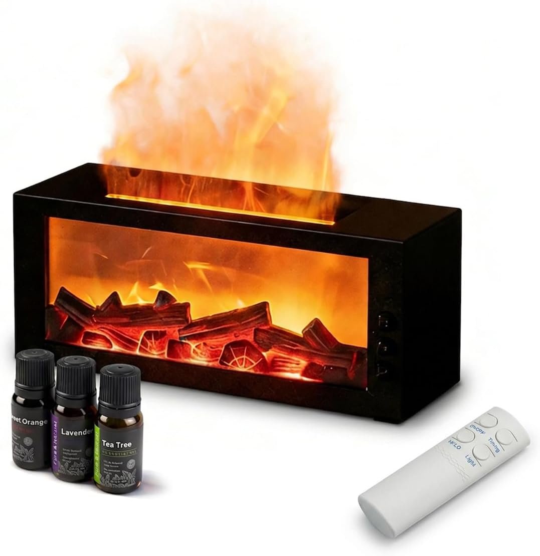 Fireplace Diffusers with 3 Essential Oils Set,Color Flame Aroma Essential Oil Diffuser with Remote Control,300ml Small Humidifier for Home Room Decor Gift for Women (Black)