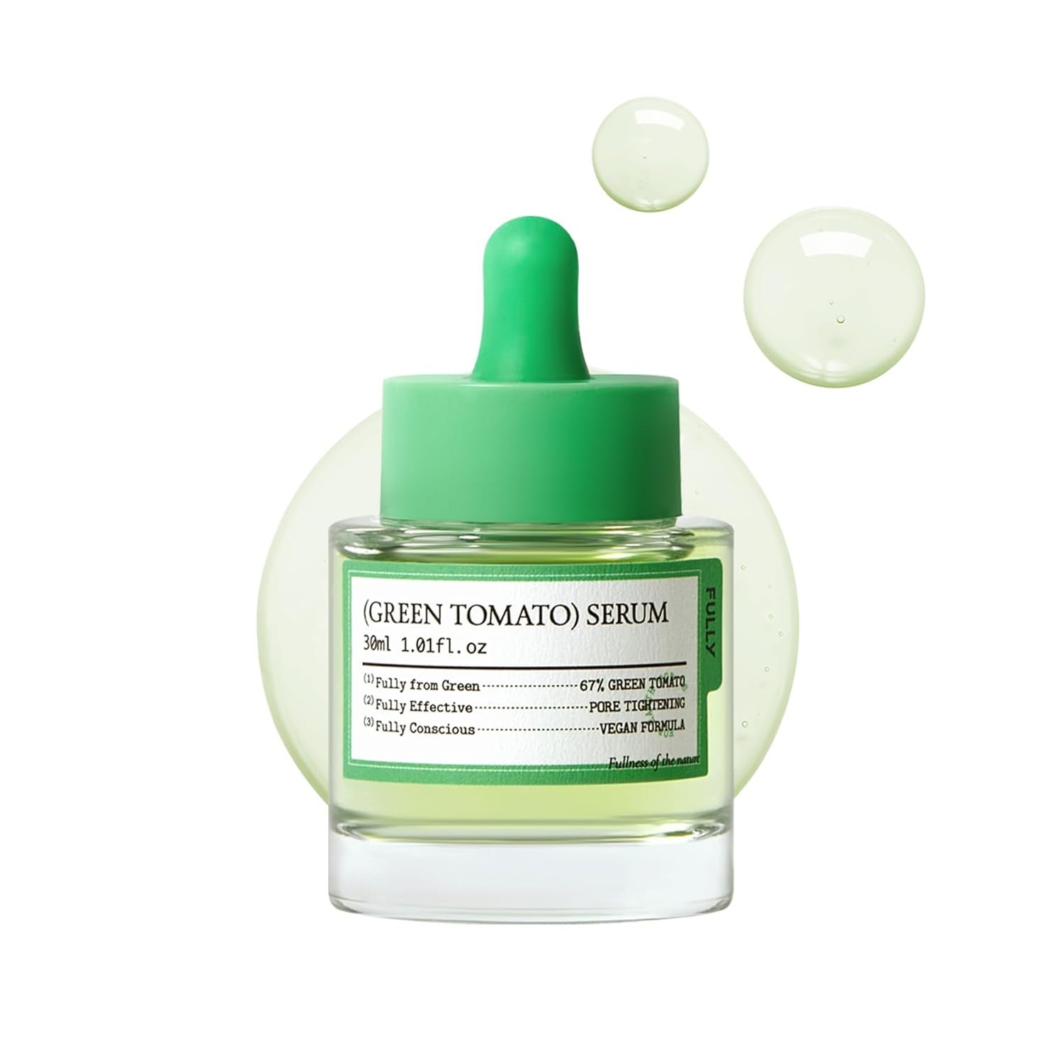 FULLY Green Tomato Serum, Pore Tightening with 67% Green Tomato Extract, Vit C and PHA, Elastcity Boosting and Skin Moisturization, Fragrance Free, Vegan & Dermatologically Tested, 1.01 fl.oz