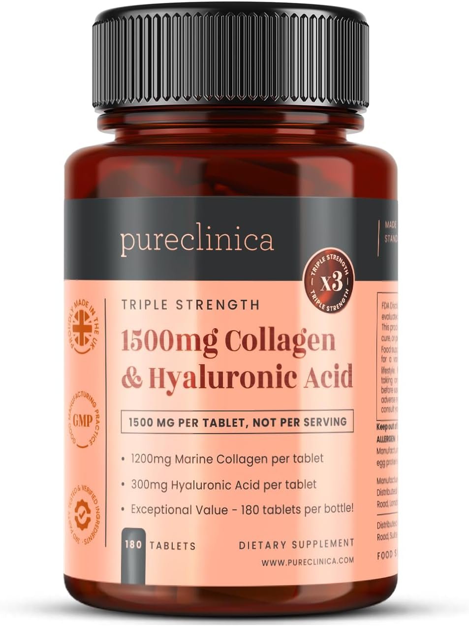 pureclinica 1500mg UltraColl Collagen (1200mg) and Hyaluronic Acid (300mg) x 180 Tablets – 6 Months Supply