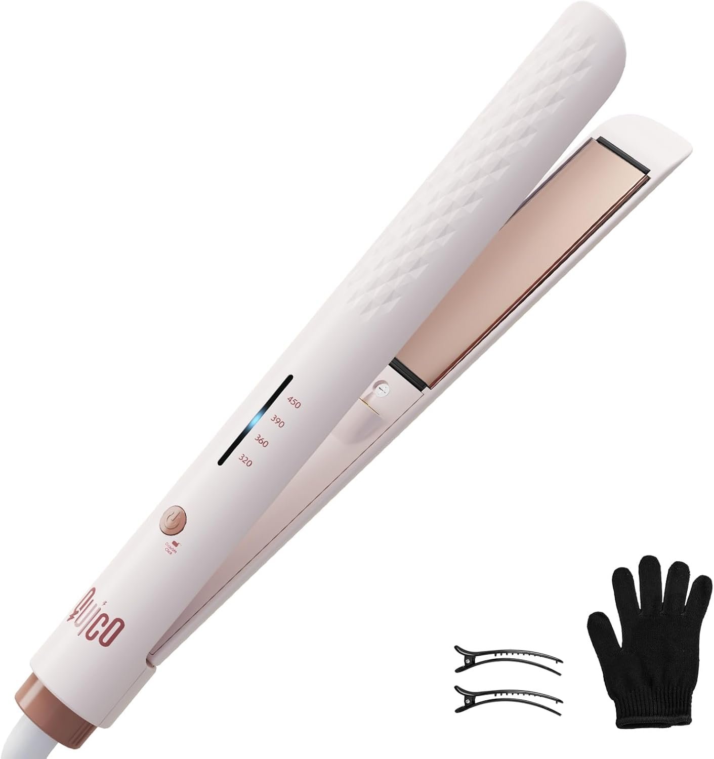 Quico Hair Straightener, 110-240V Global Travel Hair Straighteners for Women, 15s Fast Heating, Professional Negative Ion Flat Iron, Temp Memory, 320℉-450℉, Auto-Off, with Glove and Clips, Gift, Pink