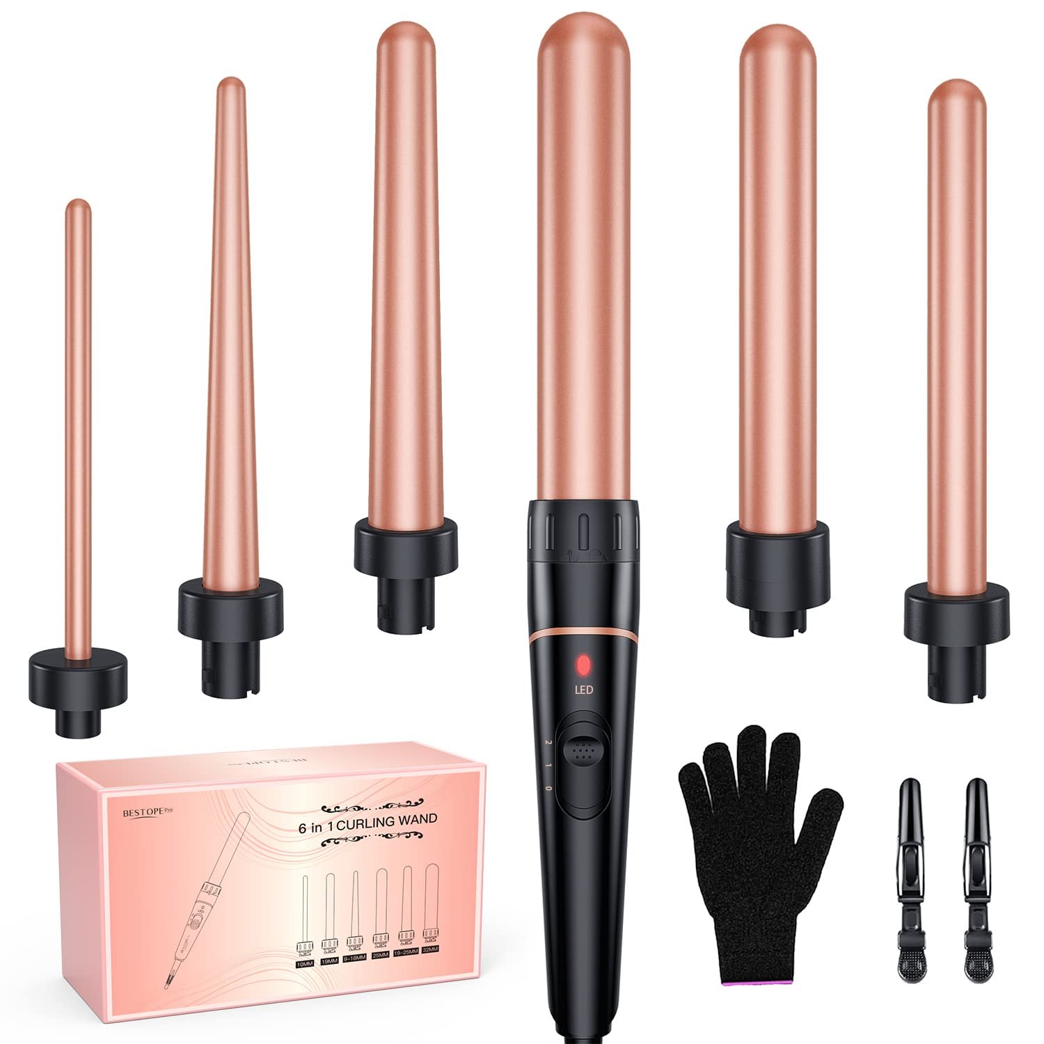 Long Barrel Curling Iron Wand Set, BESTOPE PRO 6 in 1 Curling Wand Set with Ceramic Barrel for Long/Medium Hair, 0.35″-1.25″ Interchangeable Hair Wand Curler, Dual Voltage, Include Glove & Clips