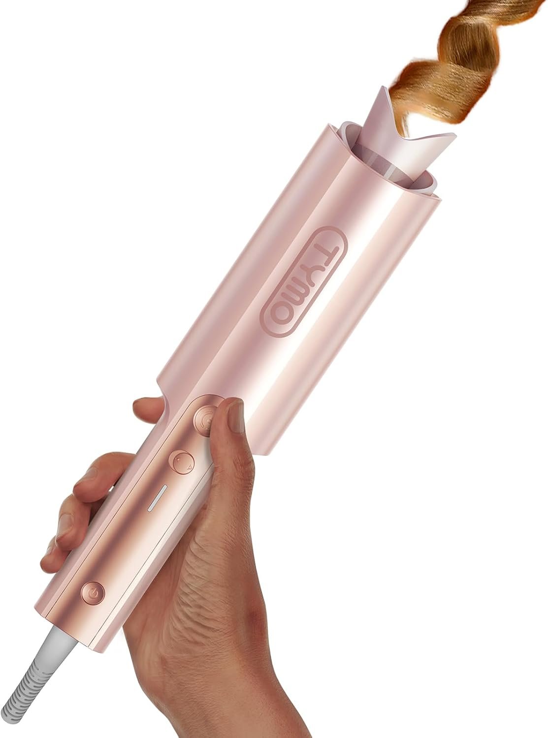 TYMO CurlPro Plus Automatic Rotating Curling Iron – Upgraded Long Barrel Curling Wand for Long Hair, Ceramic Hair Curler for Women, Anti-Scald, 600M Ionic, Dual Voltage, Gold Blush, 1 1/4 Inch