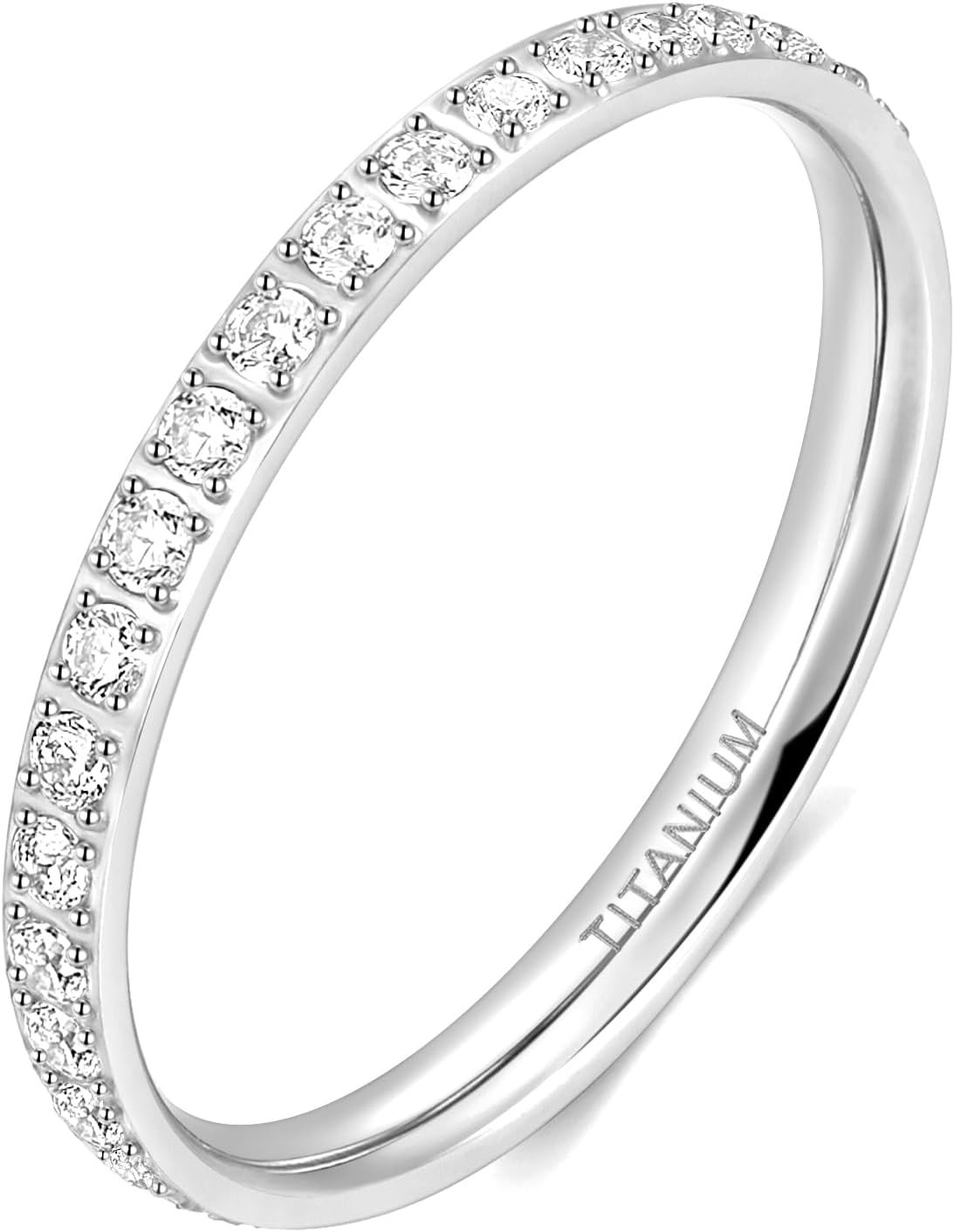 TIGRADE 2mm Women Titanium Eternity Ring Cubic Zirconia Anniversary Wedding Engagement Band Size 3-13.5