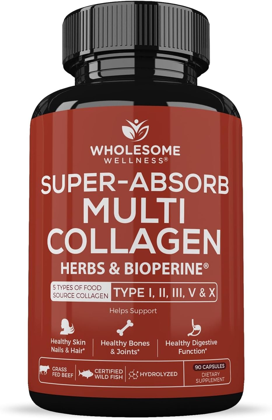 Wholesome Wellness Super-Absorb Multi Collagen Pills (Type I II III V X) Organic Herbs & Bioperine – Hair, Skin, Nails – Hydrolyzed Peptides Protein Supplement for Women & Men (90 Capsules)