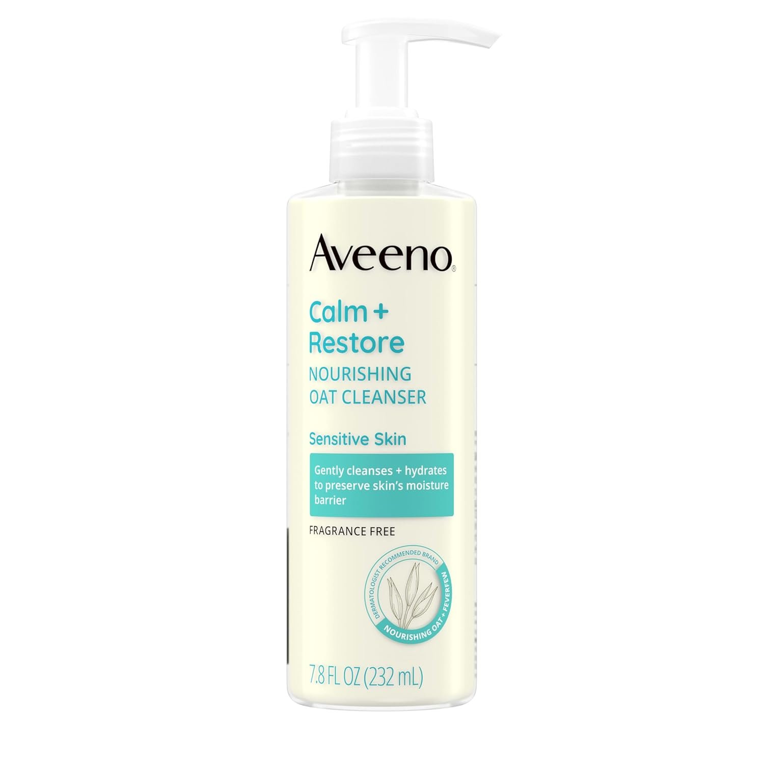 Aveeno Calm + Restore Nourishing Oat Cleanser, Daily Hydrating Facial Cleanser & Face Wash for Sensitive Skin, Non-Foaming, Hypoallergenic, Non-Comedogenic, Fragrance-Free, with Feverfew, 7.8 fl oz