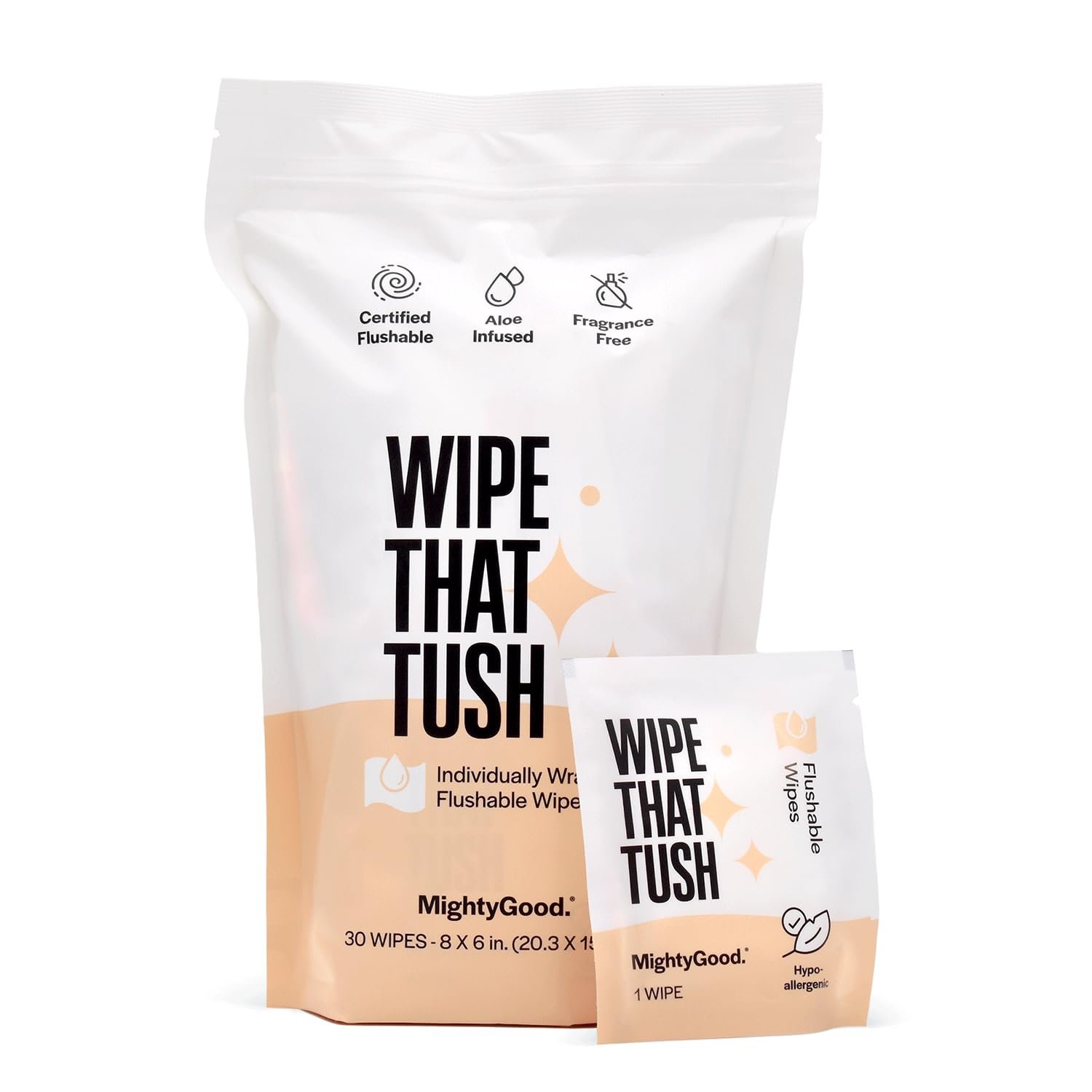 Wipe That Tush 30 Count Individually Wrapped Flushable – Made in the USA – Fragrance Free – Extra Large & Soft – Hypoallergenic with Aloe – Septic Safe