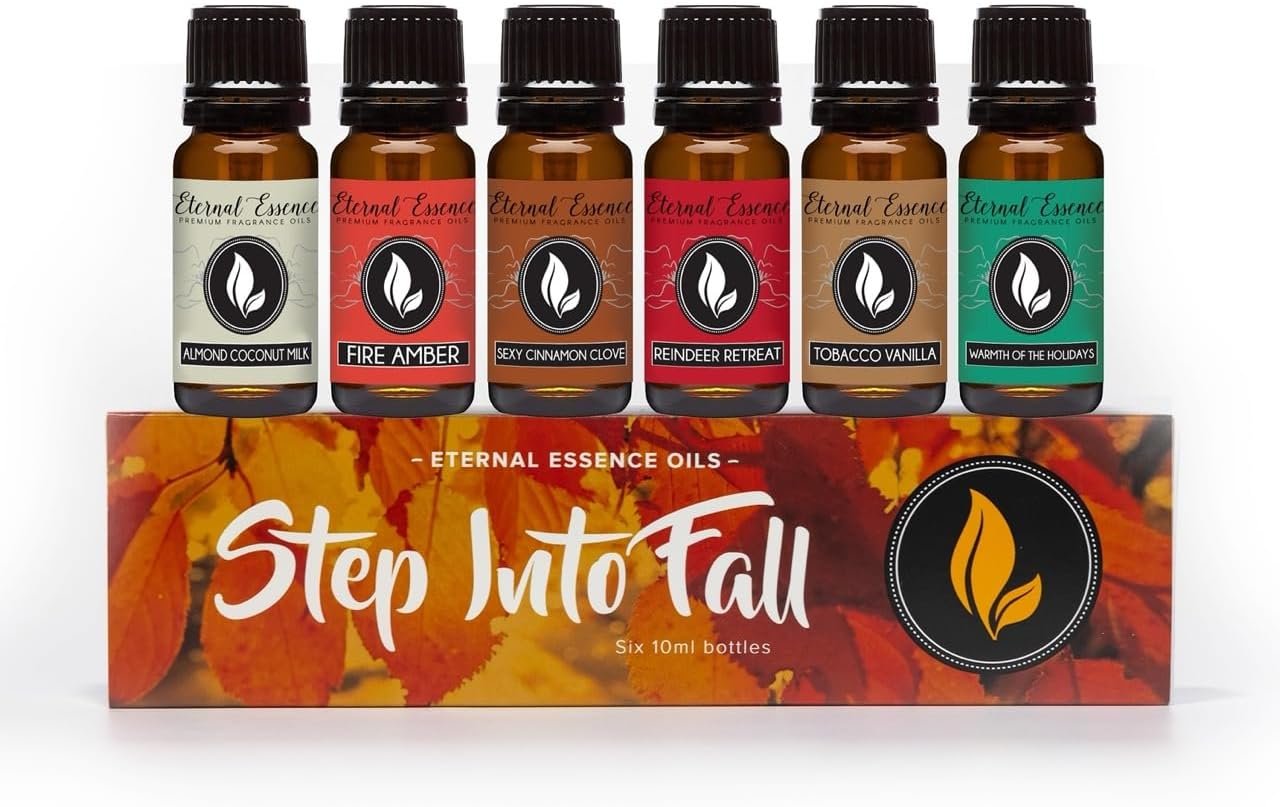Eternal Essence Oils Step Into Fall Set of 6 Premium Fragrance Oils – Almond Coconut Milk, Fire Amber, Sexy Cinnamon Clove, Reindeer Retreat, Tabacco Vanilla, and Warmths of the Holidays – 10ML