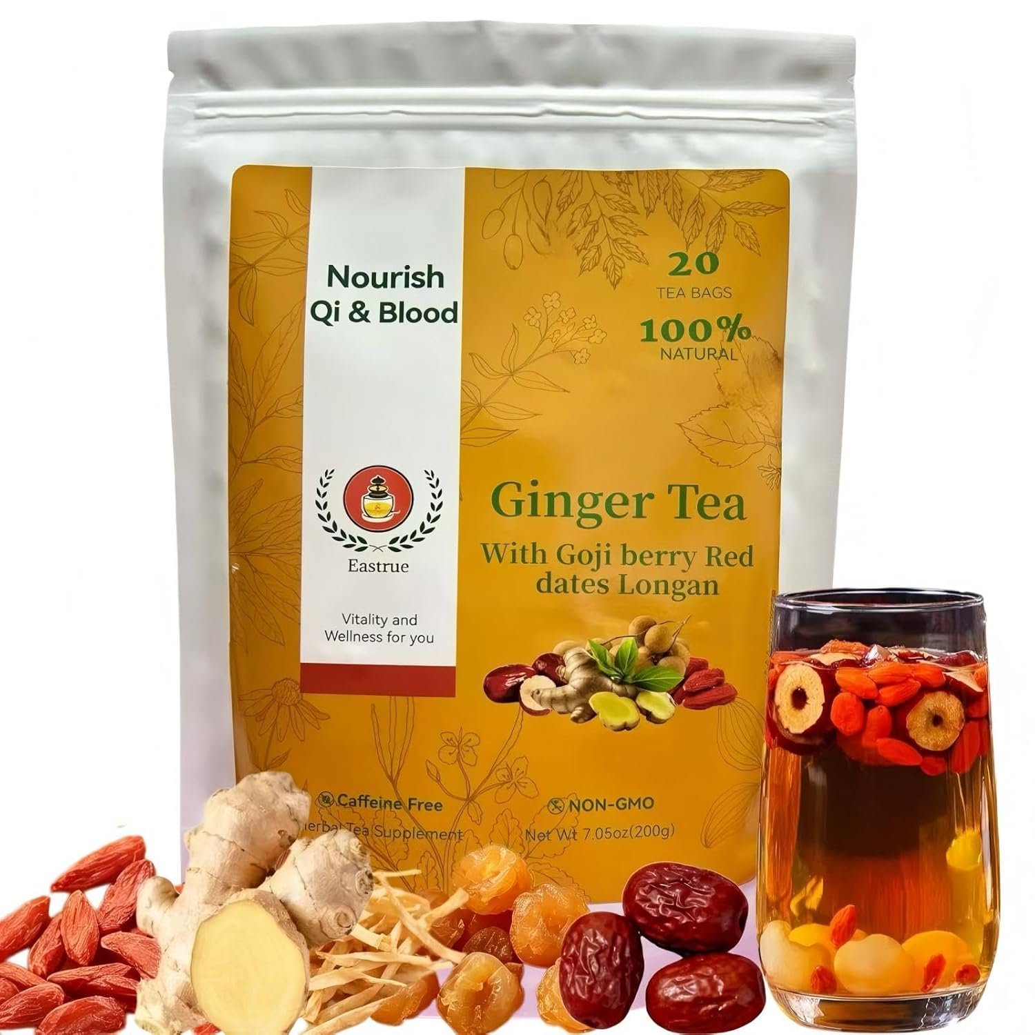 Eastrue Ginger Tea for Pregnancy Nausea Relief & Morning Sickness with Goji Berry & Jujube Red Dates- Postpartum Essentials & Mothers Milks Lactation Tea,Traditional Chinese Herbal Tea for Women,Caffeine-Free,Organic,(200g/20Bags)