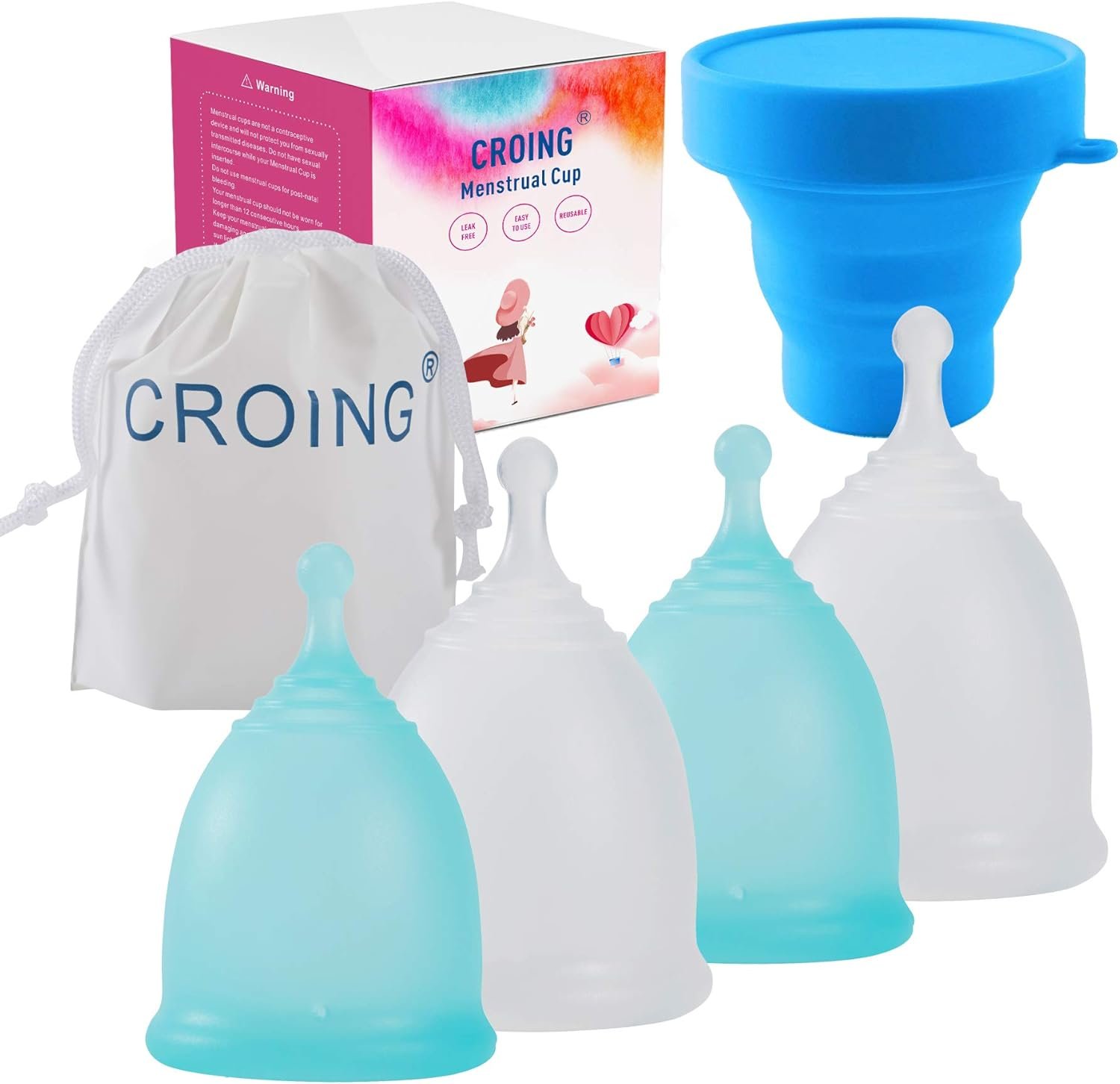 Croing 4pcs Menstrual Cup with 1 pc Sterilize Cup,Menstrual Cup Holder, Storing Period Cup(Blue and White)