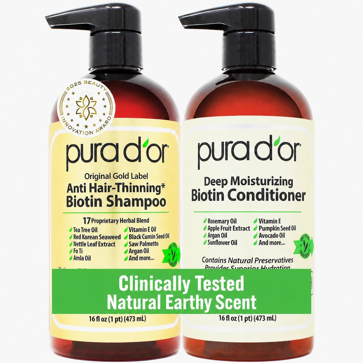 PURA D’OR Anti-Thinning Biotin Shampoo and Conditioner Natural Earthy Scent, CLINICALLY TESTED Effective Results, Herbal Blend Thickening Products For Women & Men, Original Gold Label Set, 16oz x2 | Deep Moisturizing, Conditioner, CLINICALLY TESTED, Effective Results, Hair Thickening, Product