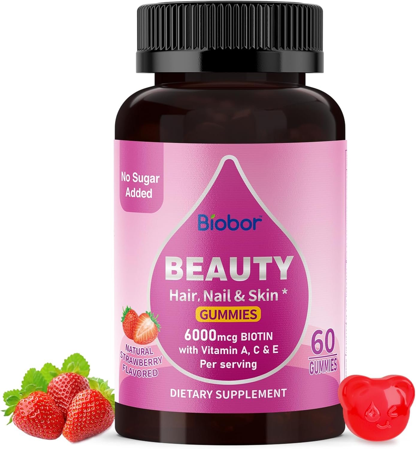 Biobor Natural 6000mcg Biotin Gummies No Sugar Added, Hair Skin and Nails Beauty Gummies with Vitamins A C E for Women Men, GMO Free, Gluten Free