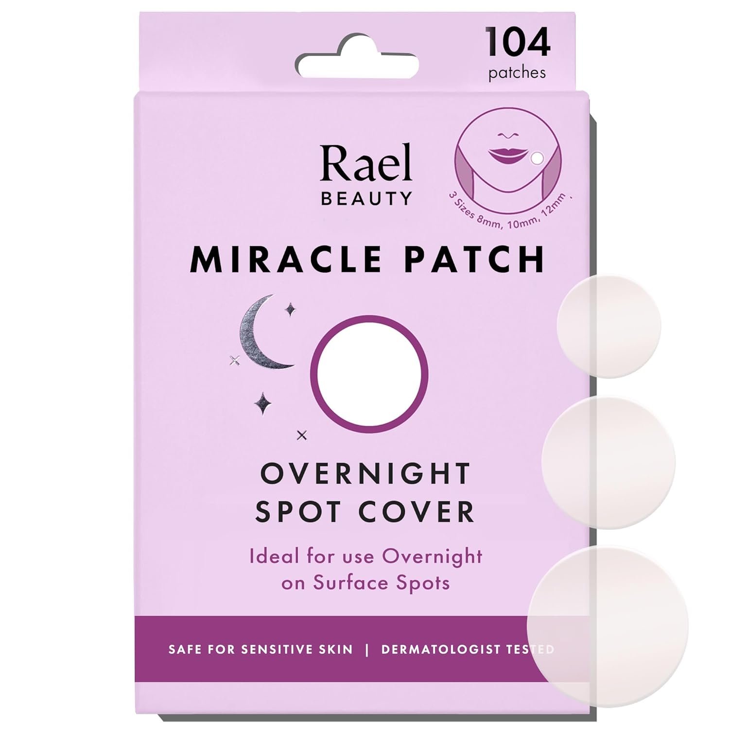 Rael Pimple Patches – Miracle Overnight Spot Cover, Thicker & Extra Adhesion, Hydrocolloid Acne Pimple Patch for Face, Zits & Blemishes, Korean Skin Care, 3 Sizes (104 Count)