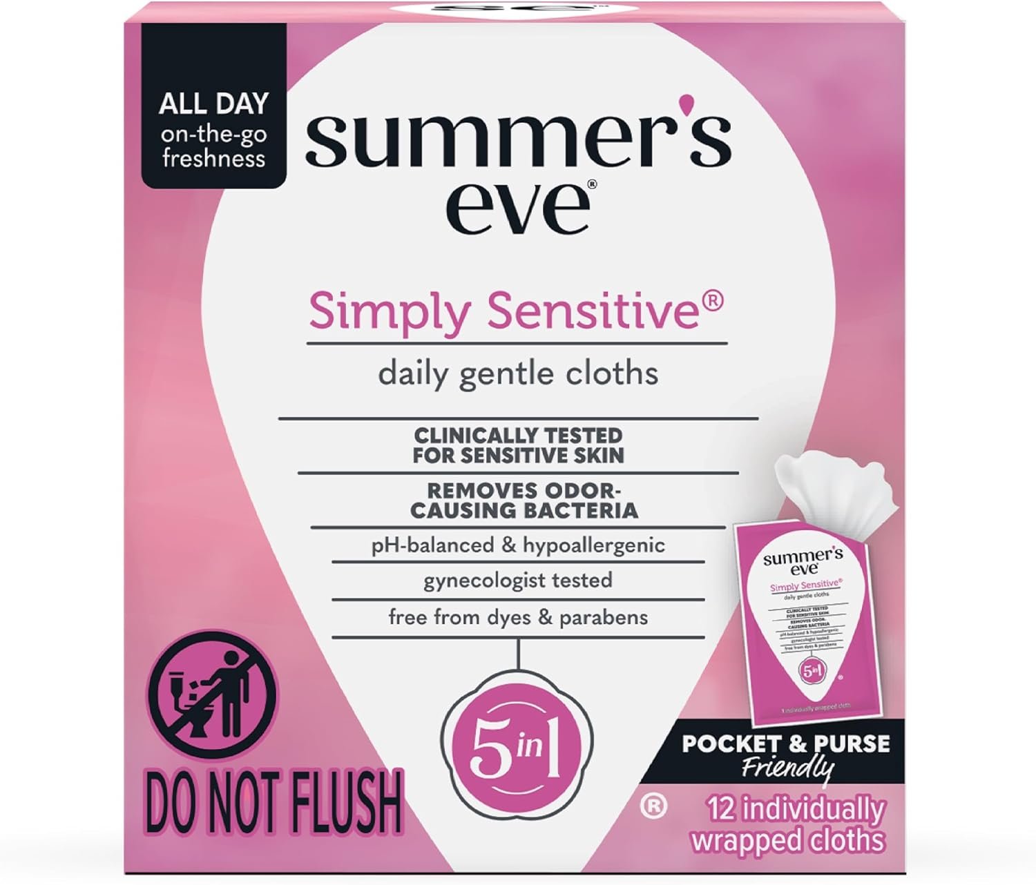 Summer’s Eve Simply Sensitive Feminine Wipes, Gentle pH-Balanced Micellar Water Based Formula Helps Control Vaginal Odor, Individually Wrapped Wipes, 12 Count
