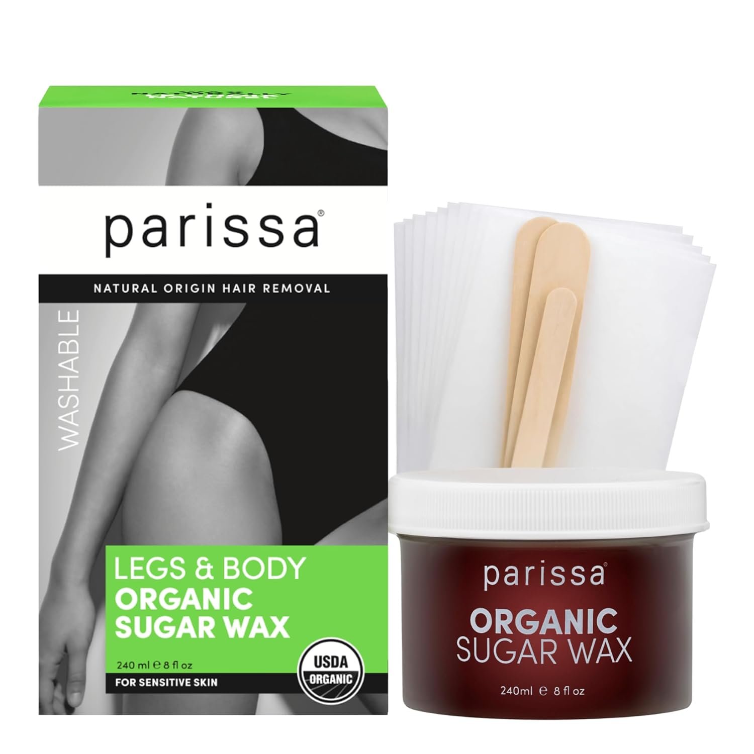 Parissa Microwavable Sugar Wax Kit for Face, Legs & Body, USDA Certified Natural Hair Removal Wax, Water-Washable & Gentle for Sensitive Skin (8 fl oz)