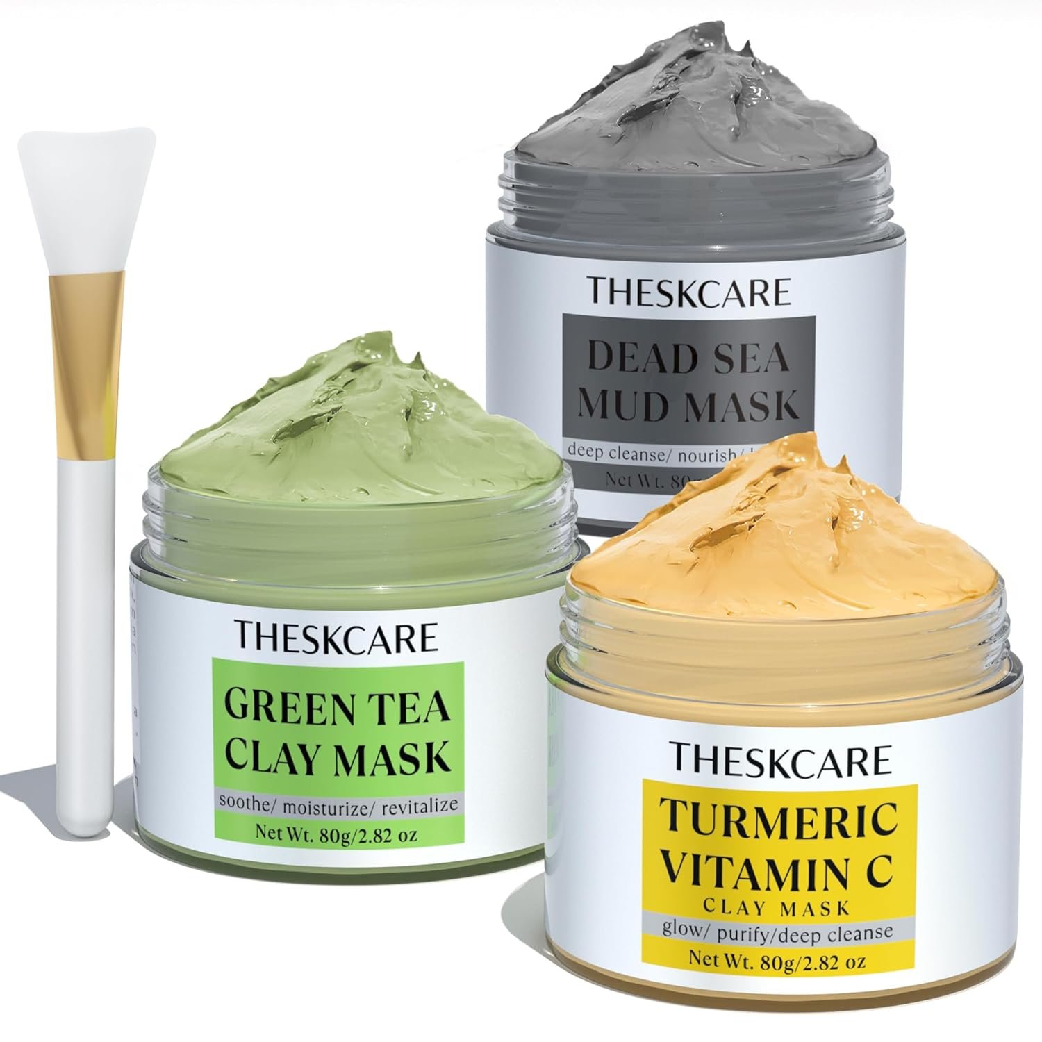 THESKCARE 3 PCS Clay Mask Set, Turmeric Vitamin C Clay Mask, Dead Sea Mud Mask, Green Tea Mask, Facial Mask for Oil Control, Deep Cleaning, and Radiant Skin, 240g, 2.82 OZ each