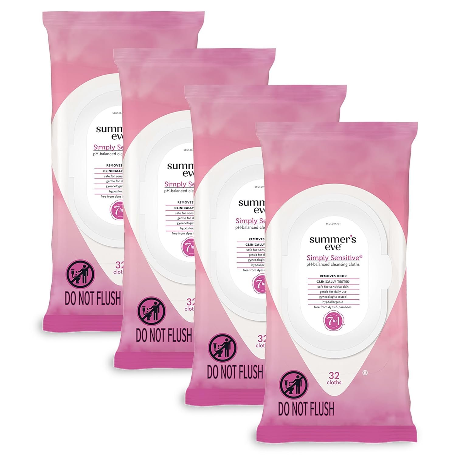 Summer’s Eve Simply Sensitive Feminine Wipes, Gentle pH-Balanced Micellar Water Based Formula Helps Control Vaginal Odor, Resealable Pack, 32 Wipes, Pack of 4