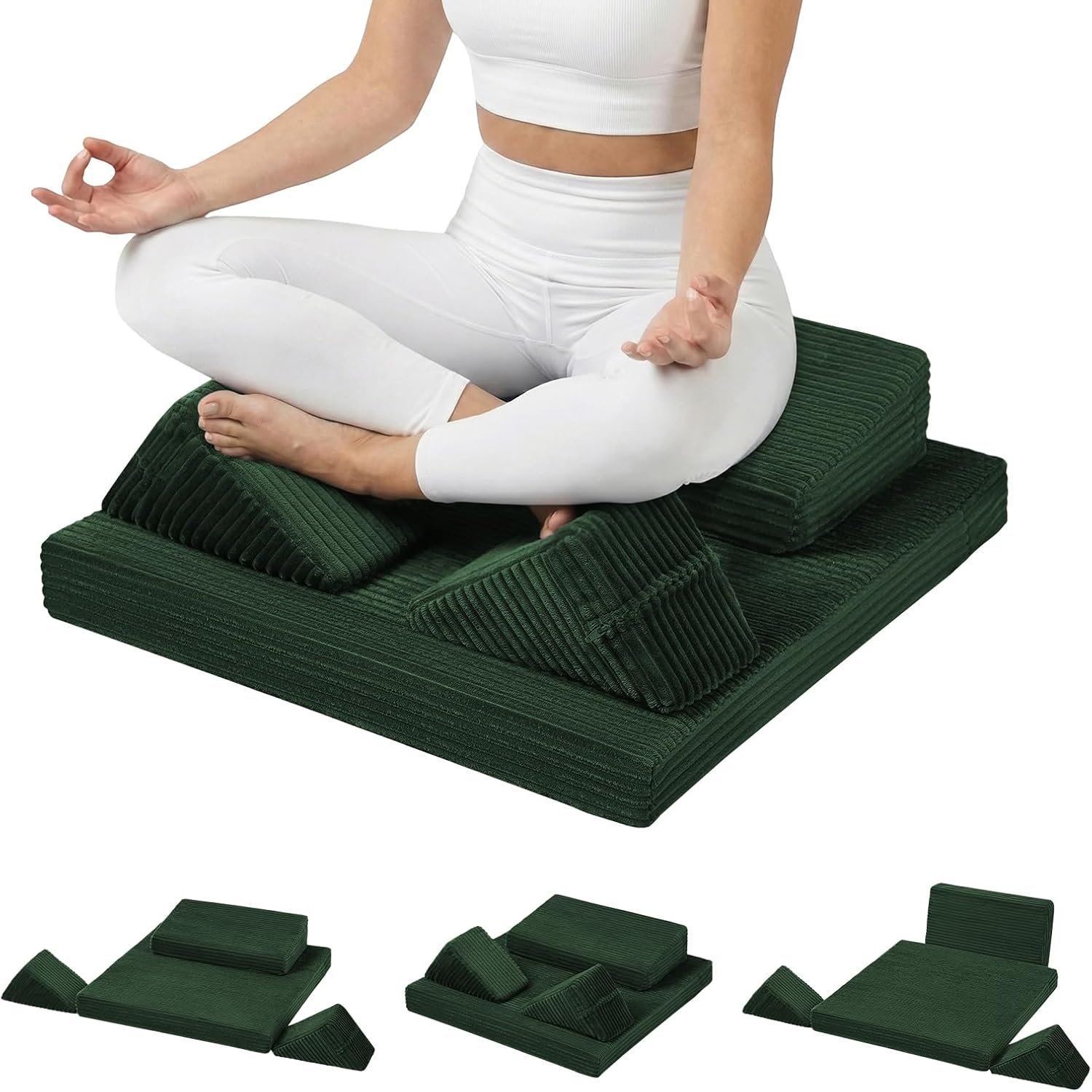 Meditation Cushion Set, Meditation Pillow for Sitting on Floor, Large Yoga Pillow with Knee Support, Washable Zafu Meditation Mat, 3 Shapes Floor Pillow for Adults, Green