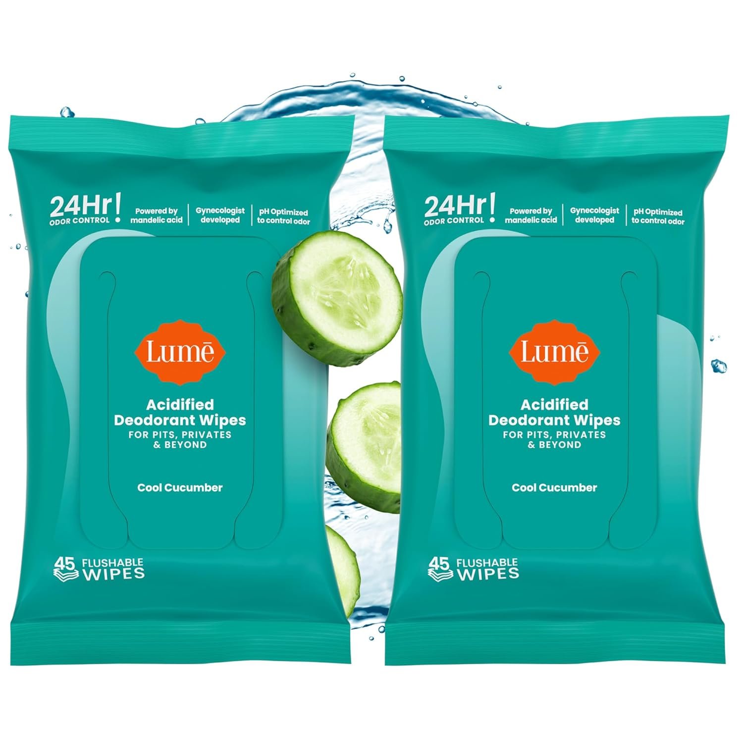 Lume Acidified Deodorant Wipes – 24 Hour Odor Control – Aluminum Free, Baking Soda Free, Skin Loving – 45 Count (Pack of 2) (Cool Cucumber)