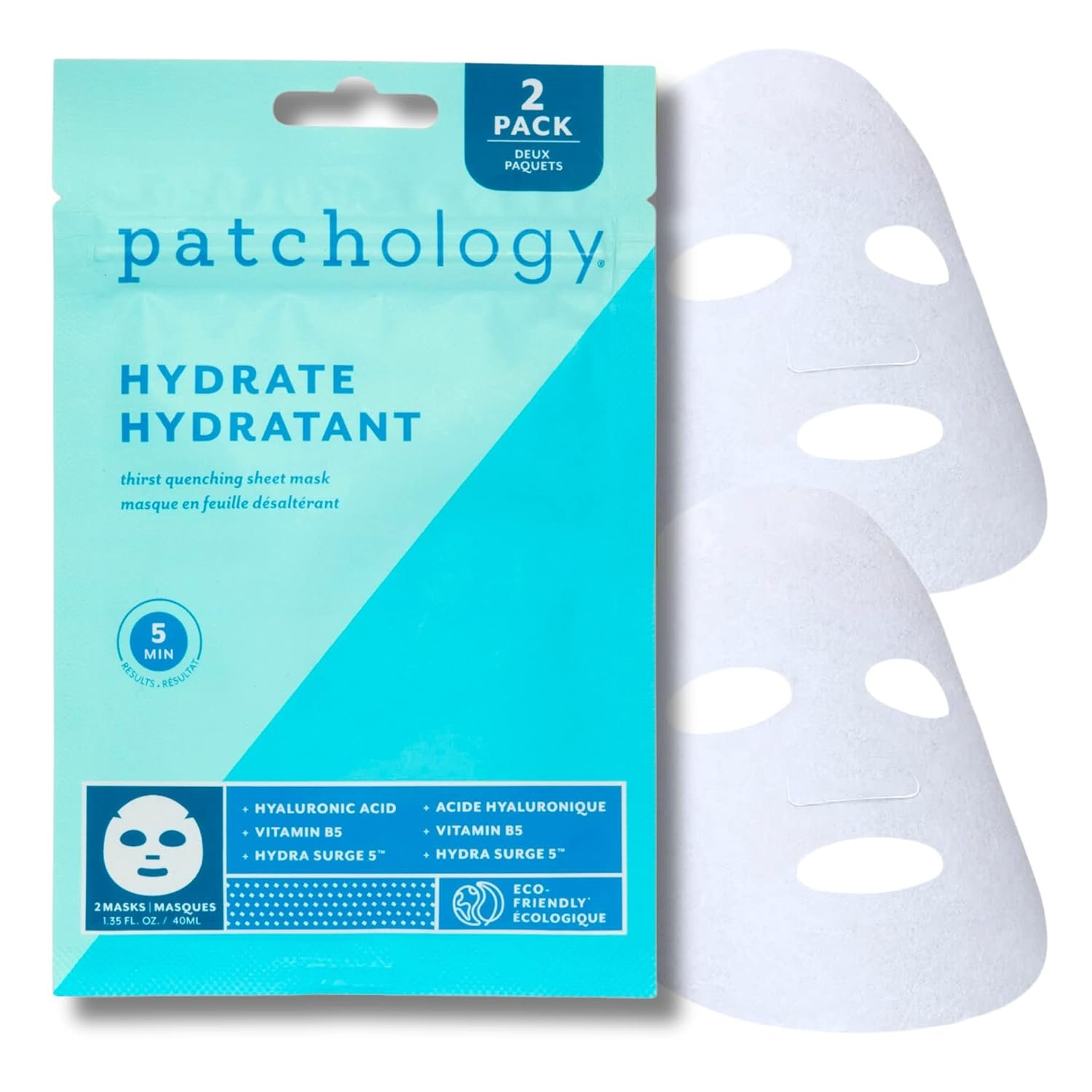 Patchology Hydrate FlashMasque Facial Sheet Mask with Hyaluronic Acid – Face Mask Skincare Sheet for Men & Women to Moisturize & Hydrate Skin in 5 Minutes – Facial Sheet Moisturizer (2 Count)
