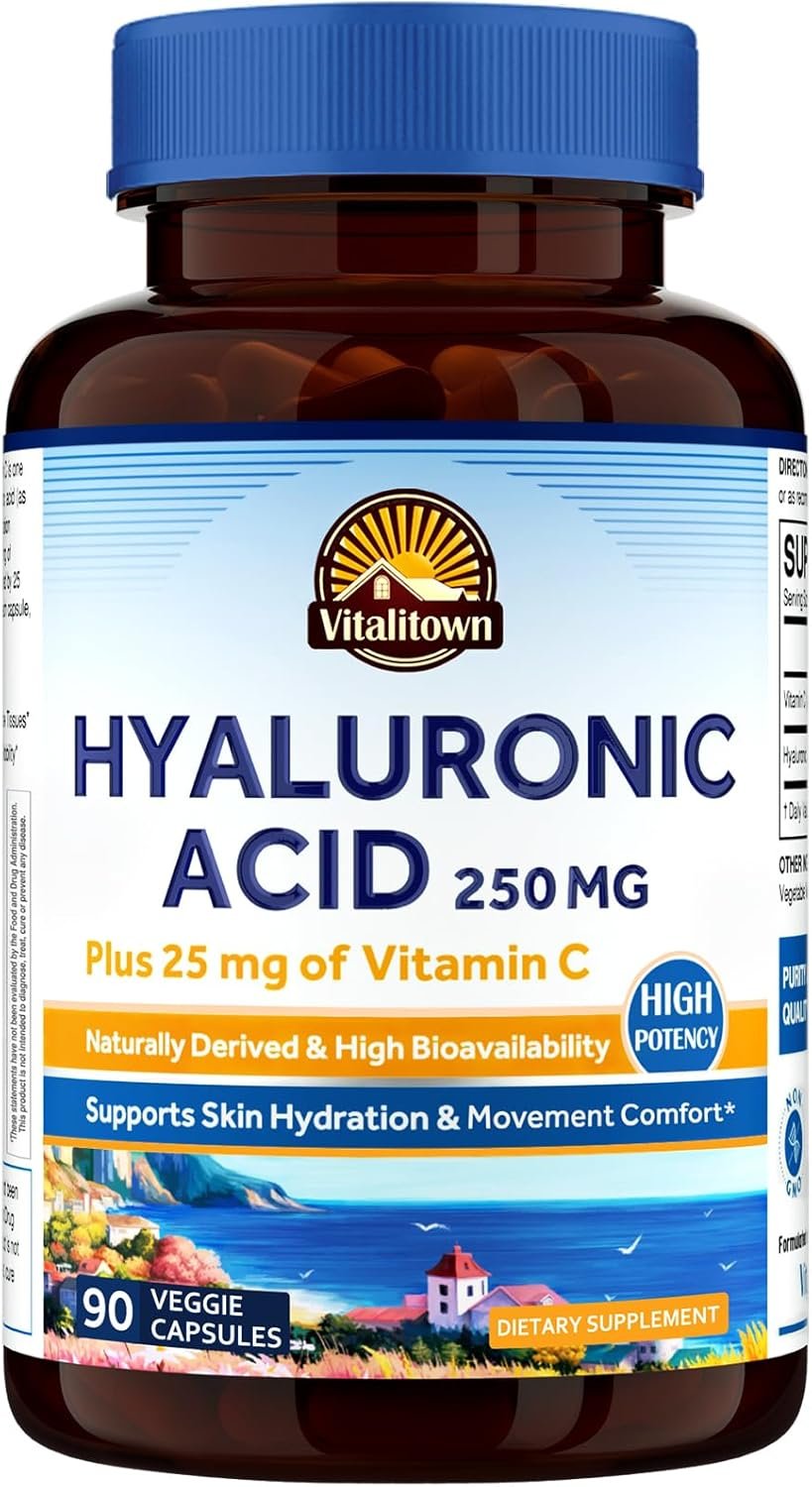 Vitalitown Hyaluronic Acid Supplements 250 mg, Plus 25 mg Vitamin C, Naturally Derived & High Bioavailability, Skin Hydration, 90 Vegan Capsules, 3 Month Supply