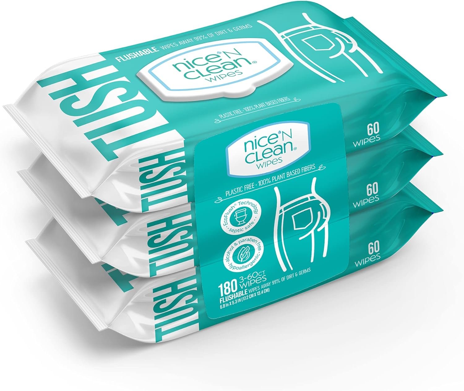 Nice ‘N Clean Adult Flushable Wipes (3 x 60 Count) | Personal Cleansing Wipes Made from Plant-Based Fibers | Infused with Aloe & Vitamin E