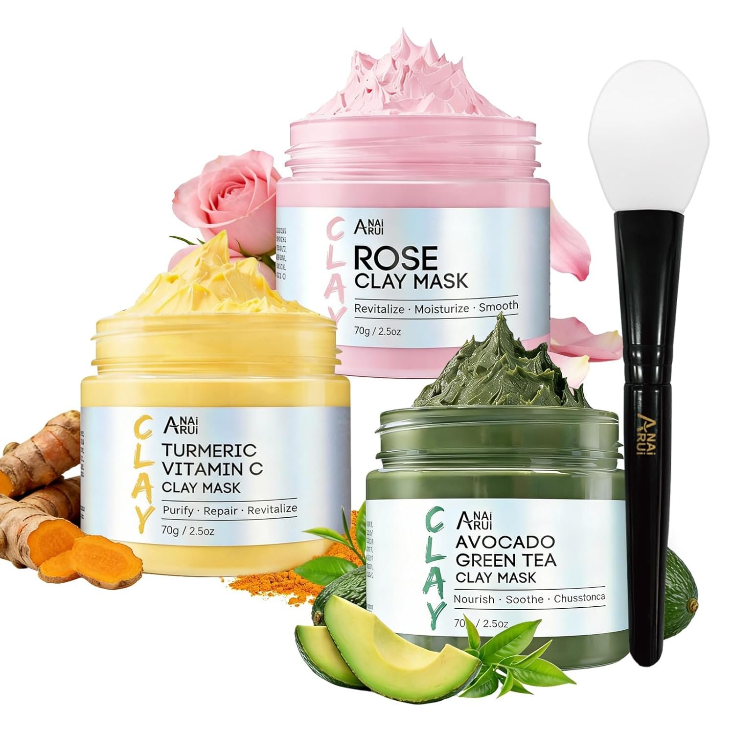 ANAI RUI 3 Pack Clay Mask Set Turmeric Vitamin C Clay Mask -Rose Facial Mask -Avocado Green Tea Mud Mask Smoothing, Hydration & Glow,Spa Gift Set, Self Care for Women Teens 2.5 oz Each