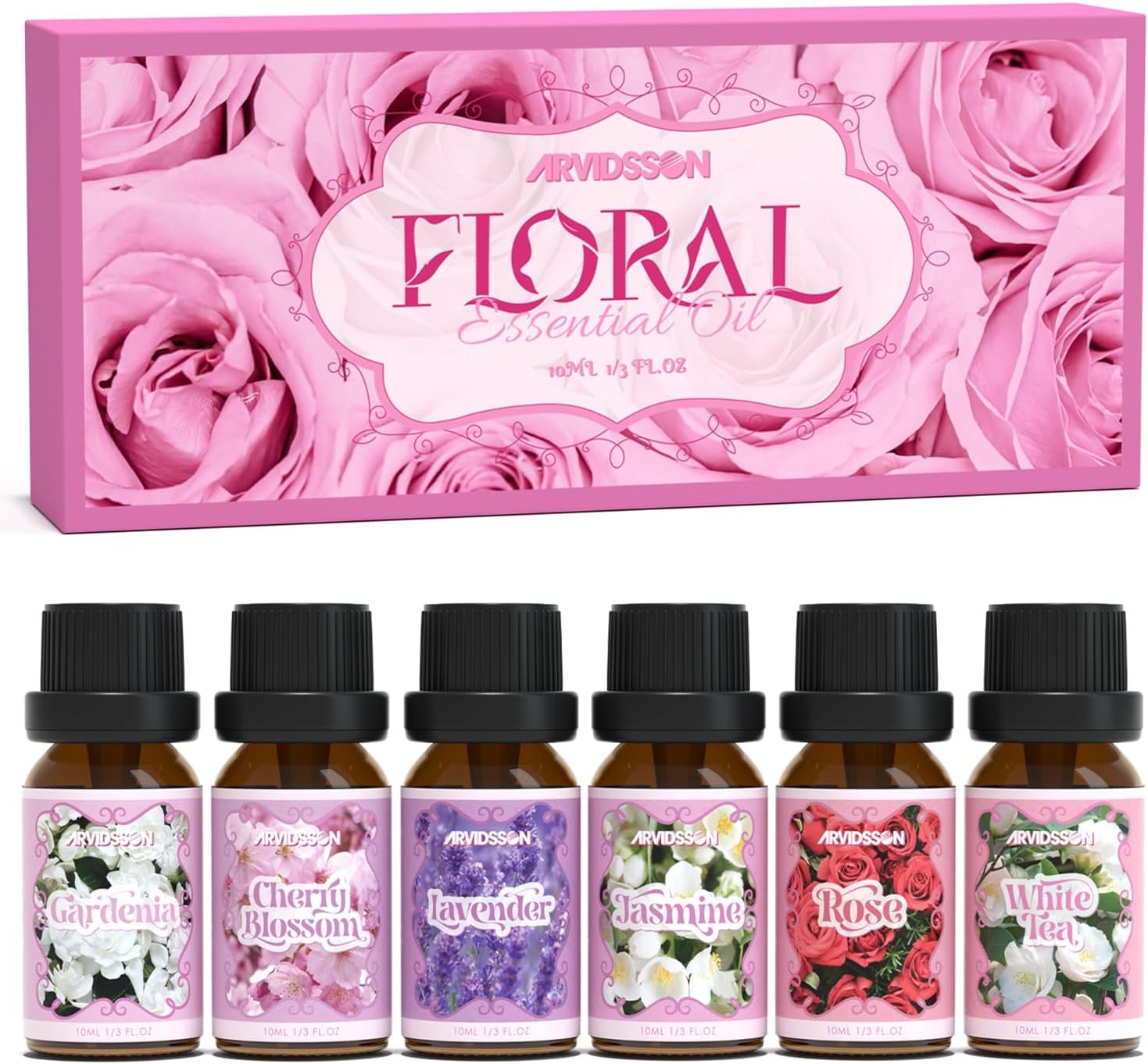 ARVIDSSON Floral Essential Oils Set, Natural Flower Essential Oil Gift for Women – Lavender, Jasmine, Cherry Blossom, Gardenia, White Tea, Rose, 6 x 10 mL