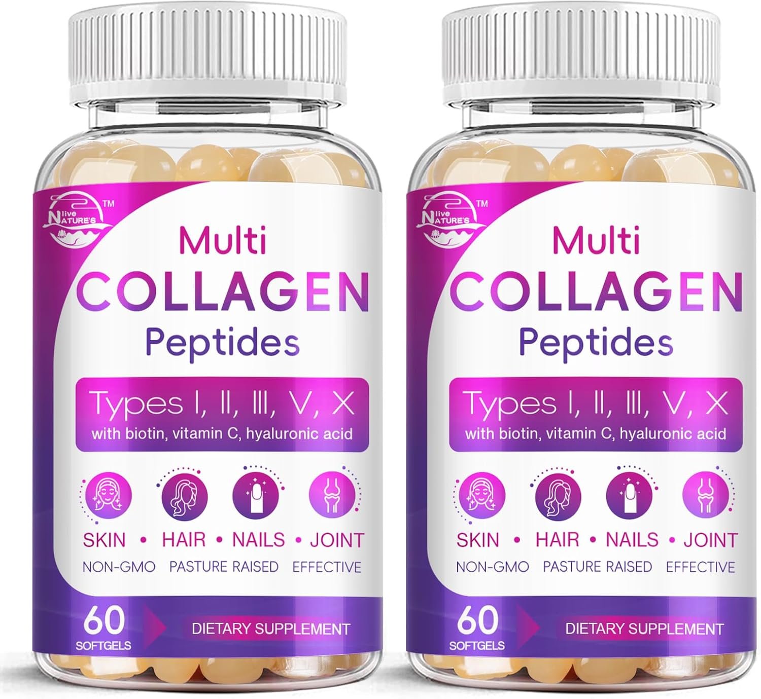Multi Collagen Peptides Softgel – Type I, II, III, V, X – Hydrolyzed Collagen Peptides with Biotin, Vitamin C, Hyaluronic Acid, Supports Skin Hair Nail, Grass-Fed, Non-GMO, 60 Softgel, 2 Pack