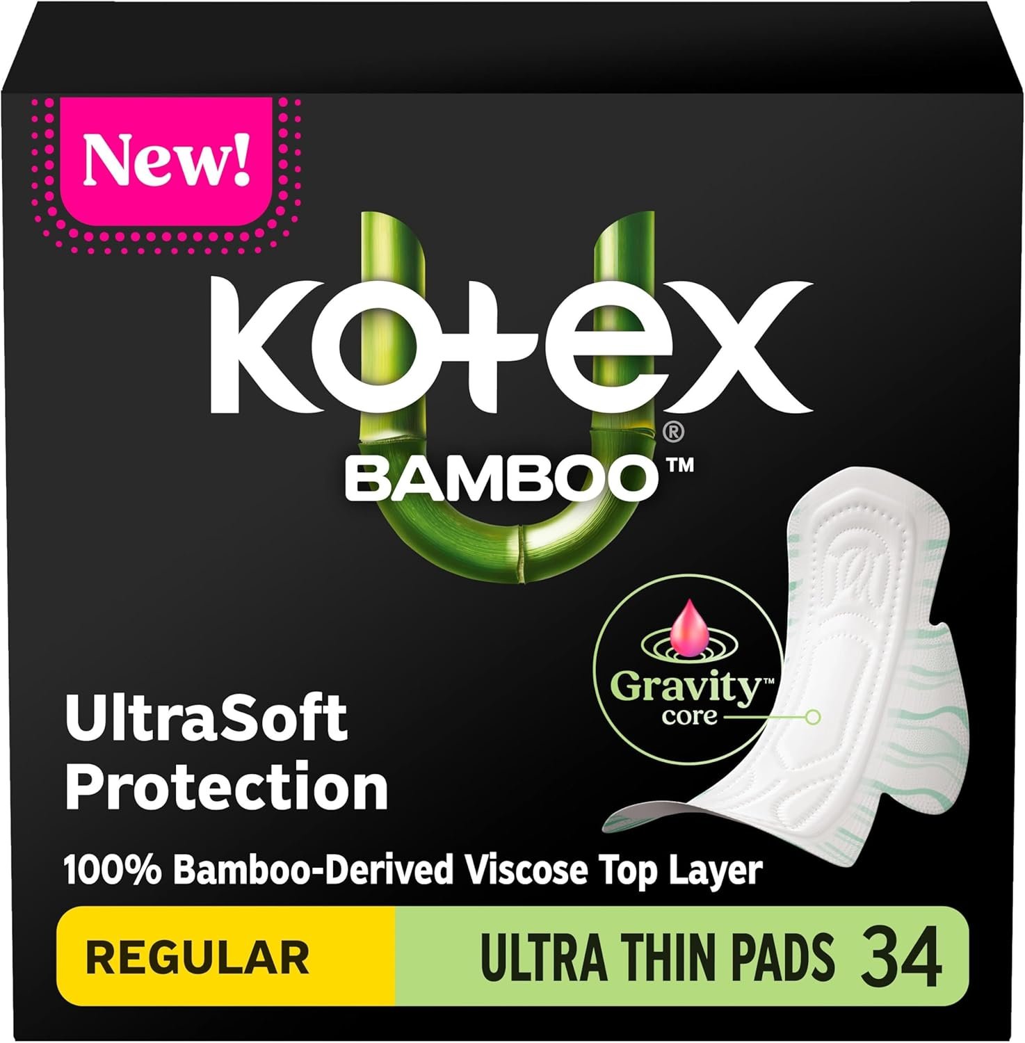Kotex Bamboo Ultra Thin Pads with Wings, Regular Absorbency, 34 Count (Packaging May Vary)