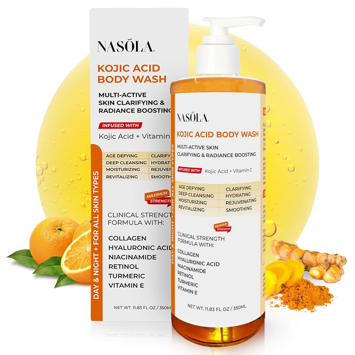 Nasola Kojic Acid Body Wash – Turmeric & Vitamin C Skin Brightening Shower Gel for Deep Gentle Moisturizer – Hydrating Women & Men Body Wash for All Skin Types – 11.8 fl oz