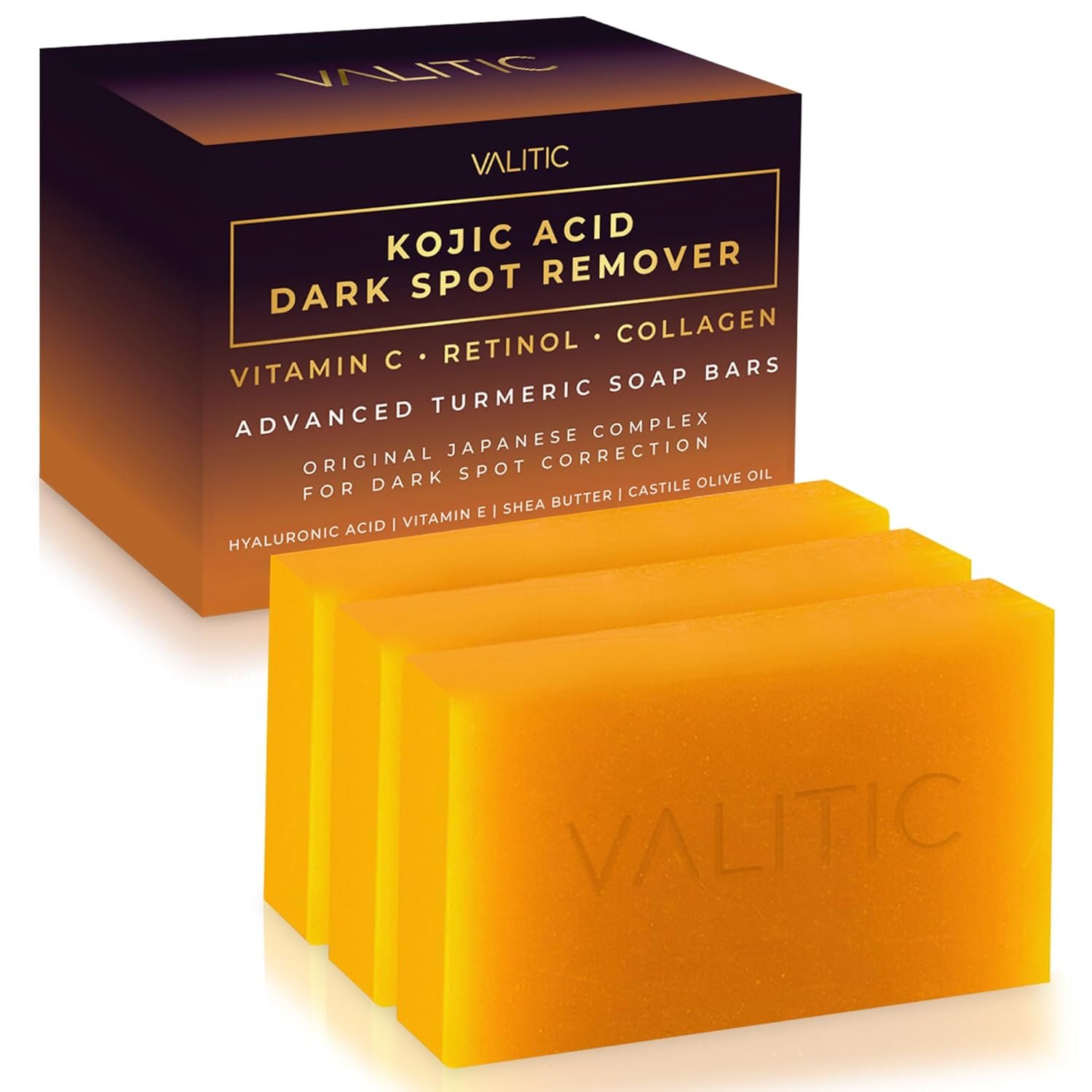 VALITIC Kojic Acid Dark Spot Remover Soap Bars with Vitamin C, Retinol, Collagen, Turmeric – Original Japanese Complex Infused with Hyaluronic Acid, Vitamin E, Shea Butter, Castile Olive Oil (3 Pack)