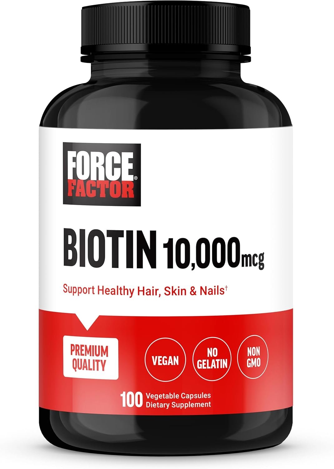 Force Factor Biotin 10000mcg, Biotin Supplement for Healthier Hair, Skin, and Nails, Hair Growth Supplement with Vitamins, Vegan, Non-GMO, 100 Vegetable Capsules