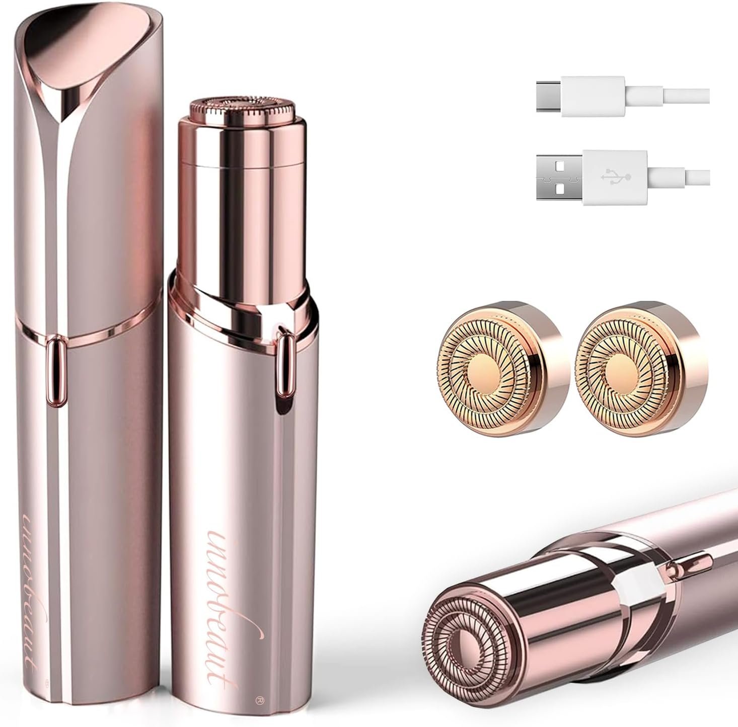 innobeaut Facial Hair Removal for Women, Electric Painless Facial Hair Remover for Face, Lip, Chin with USB Rechargeable and 2 Replacement Heads,Rose Gold