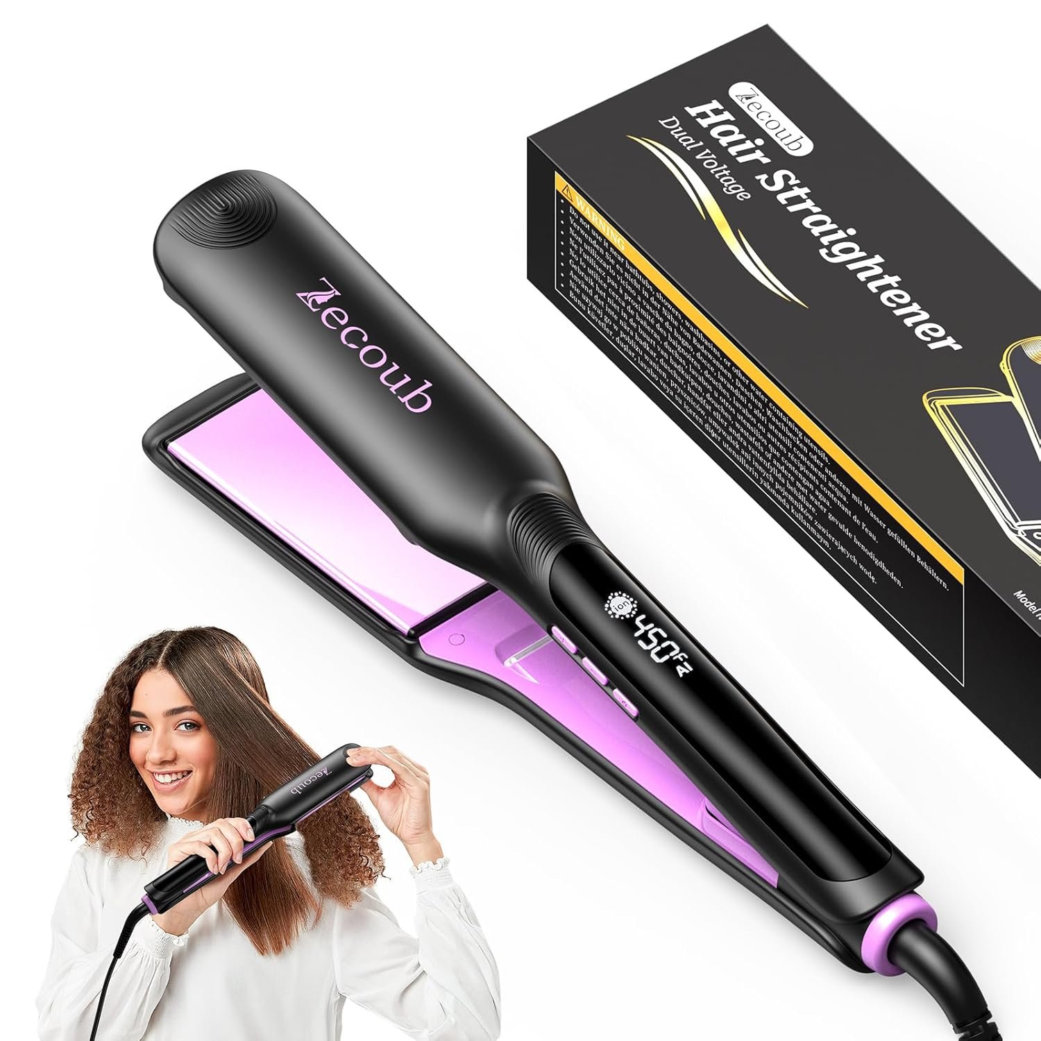 1.75 Inch Hair Straightener for Women, Ionic Flat Iron Hair Straightener with Professional Ceramic Coated, 9 Smart Temps Control, 20s Fast Heat-Up, Auto Shut-Off & Dual Voltage Purple