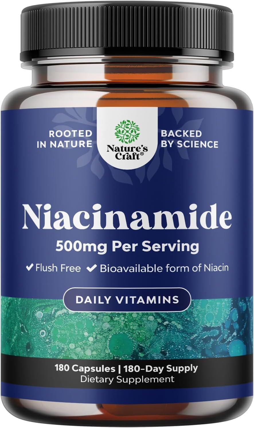 Pure Vitamin B3 Niacinamide 500mg Capsules – Niacinamide (Vit B3) 500mg Flush Free Form of B3 Vitamins for Skin Health Detox & NAD Production Support for Women & Men – Healthy Skin Supplement – 180 Ct