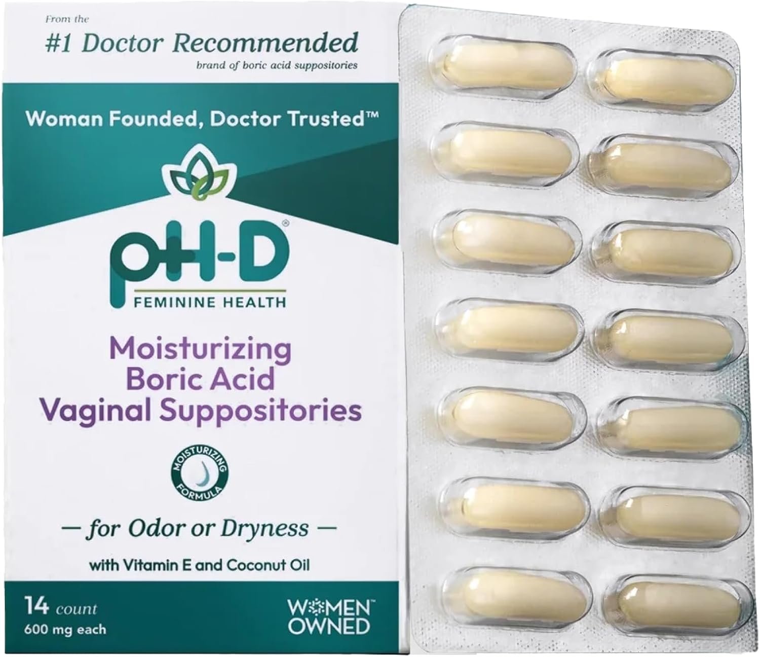 pH-D Feminine Health Support – Boric Acid Moisturizing Suppository – Woman Owned – for Vaginal Odor – Paraben-Free and Cruelty-Free – 14 Count